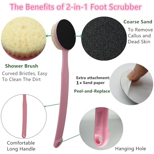 Foot File Callus Remover 13.7" Long Handle with Foot Scrubber Brush for Shower, 2-in-1 Sand Paper Pedicure Tool, Dead Skin Remover, Back Scrubber Body Brush for Deep Cleansing, Pink - color: Pink