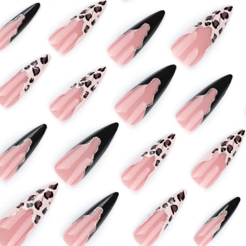 Leopard French Tip Press on Nails Long Stiletto - Glitter - color: Style-09