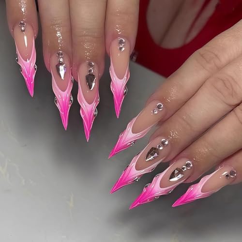 MISUD Press on Nails - Long Stiletto Fake Nails with Hot Pink, Acrylic Handmade 3D Rhinestone Design 24 pcs - color: 06103Pink