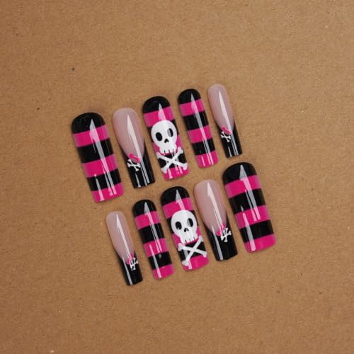 Halloween Long Square Press on Nails Coffin Pink Black Stripe 24Pcs - color: Halloween 2