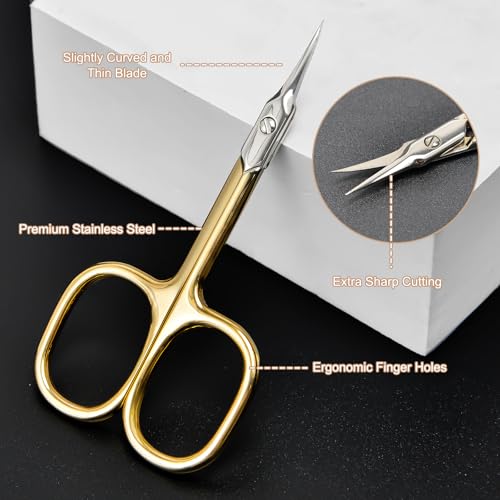CGBE Curved Cuticle Scissors, Extra Fine Pointed Tip, for Russian Manicure - color: Gold
