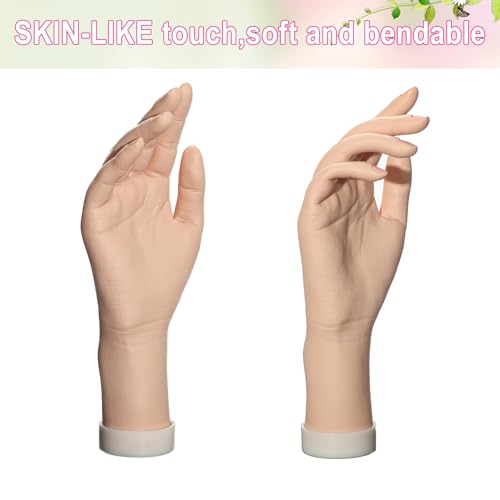 Practice Hand for Acrylic Nails Realistic Mannequin Hand for Nails Practice Soft Flexible Bendable False Fake Nail Hand Art Trainer Manicure Practice Hand Tool and Rings Display of Bracelets (Right) - size: Right