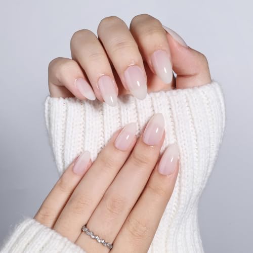 Milky White Press On Nails, Short Almond, Glossy Skin Tone Glue On Nails - color: B5-Light Nude