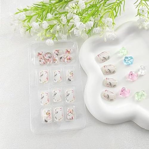 Spring Press on Nails Short Square Fake Nails with Glitter Flower Designs Glossy Nails Press ons White Glue on Nails Artificial Acrylic Summer Stick on Nails for Women 24Pcs - color: 20
