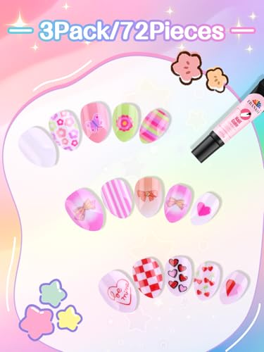 EBANKU 72Pcs Press on Nail Kids, 3 Pack Pink Children Fake Nail - color: Pink 3 Pack