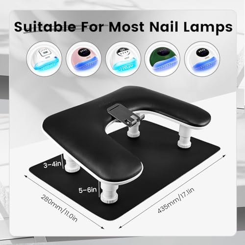JODSONE U-Shaped Black Manicure Arm Rest for Nails Tech with Rotating 360°Built-In Phone Holder and Adjustable Nail Arm Rest Detachable Manicure Hand Rest for Salon Design (Includes Black Nail Mat) - color: Black-With Mat