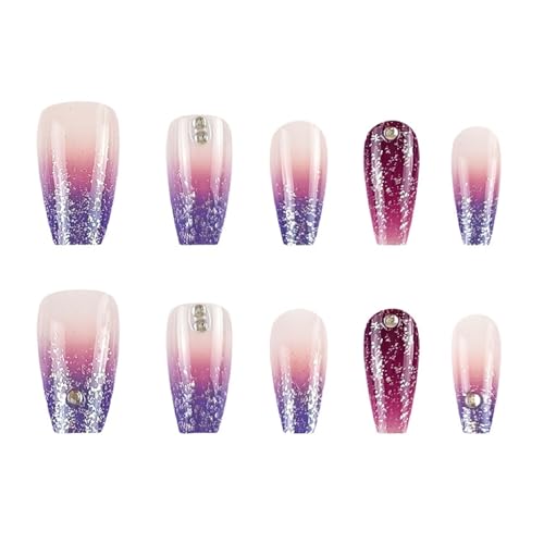 24Pcs Gradient Press on Nails Fake Nails with Rhinestones Glitter Ombre Designs Nails Press ons Purple Glue on Nails Acrylic False Nails Artificial Stick on Nails for Women - color: purple