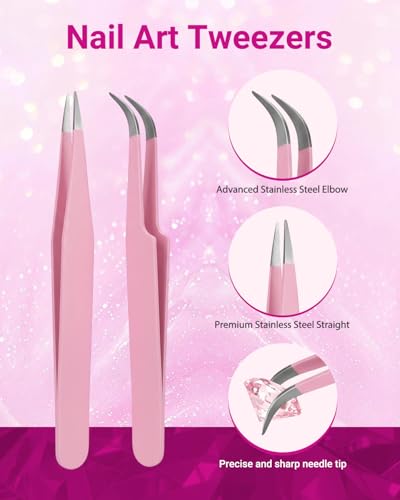 Rhinestone Picker Tool Set - Dual-Ended Wax Pen & Precision Tweezers for Nail Art, Bedazzling, Tumblers & DIY Crafts - Easy Gem & Crystal Placement Accessories With 4 Extra Wax Head (Pink) - color: Pink
