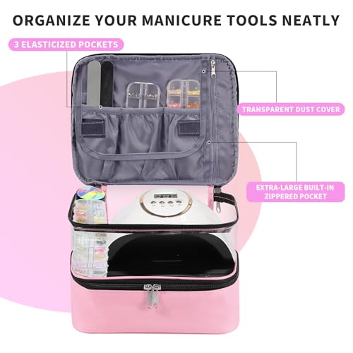 Clear Nail Polish Organizer Double layer Nail Polish Holds 30 Bottles and Nail Lamp, Nail Dryer Case Storage Supplies with Adjustable Dividers, Portable Nail Carrying Bag for Nail Tech (Pink) - color: 4.Pink, size: 1 Count (Pack of 1)