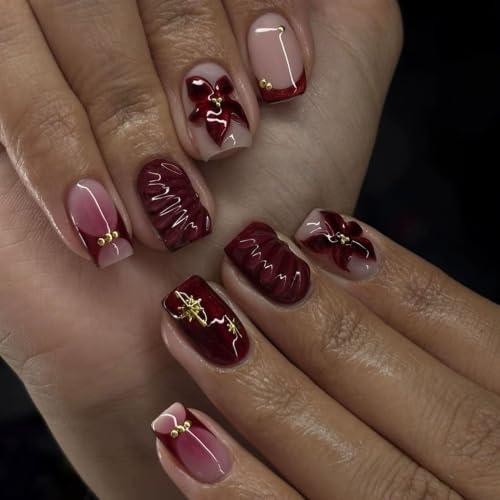 RTKHFZE Red French Tip Press on Nails Short Square Fake Nails 24Pcs - color: Style-42