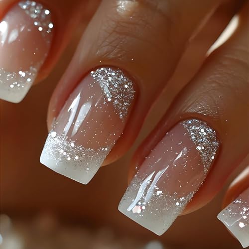 Square Press on Nails White French Tip Nails Press ons Medium Fake Nails with Silver Glitter Designs False Nails Ombre Glossy Artificial Nail Acrylic Glue on Nail for Women Girls 24Pcs - color: style021