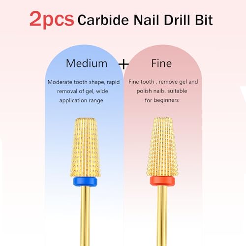 2pcs 5 in 1 Nail Drill Bits, 3/32'' Tungsten Carbide Safety Bits,Two Way Use for Both Left and Right Handed, Fast Remove Cuticle Acrylic Gel Polishing Manicure Pedicure Tools (Gold) - color: Gold