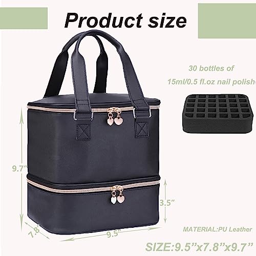 FCQQYWZ Nail Polish Organizer Case Hold 30+ Bottles (15ml/0.5 fl.oz) and a Nail Lamp, Double-Layer Nail Case Bag Nail Polish Organizer Bag, Nail Supply Organizers and Storage for Nail Tech (BLACK) - color: Black-30Bottles