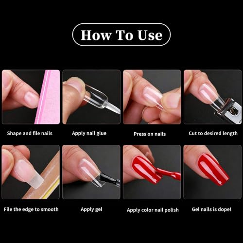 Square Nail Tips 288 Pcs 12 Sizes, Pre-Etched Soft Gel Full Cover Nail Stickers, Transparent Press on Fake Nails for Home DIY, Nail Salons, Nail Art & Extension, Long Lasting Clear False Nails - size: Square