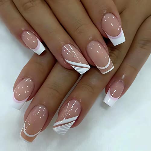 French Tip Press on Nails Medium Square Fake Nails Sweet White Nail Tips Designs Full Cover Square Shape False Nails Nude Acrylic Glue on Nails Medium Length for Women Girls, 24PCS - color: Style1