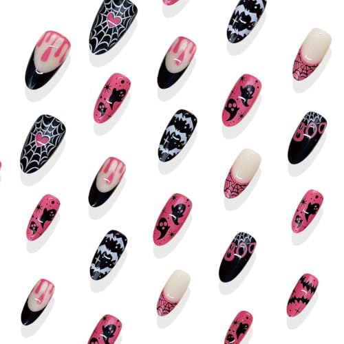 Halloween Press on Nails 30Pcs Pink Black Ghost Bat Spider Web - color: Pink Black Halloween