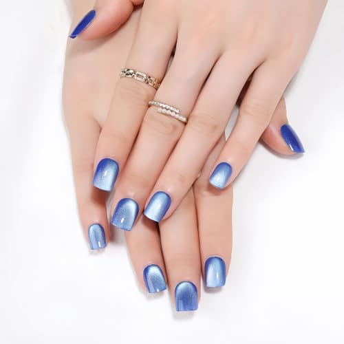 Royal Blue Press on Nails Short Square, Cat Eye Fake Nails, 30Pcs - color: B01-Ice Blue