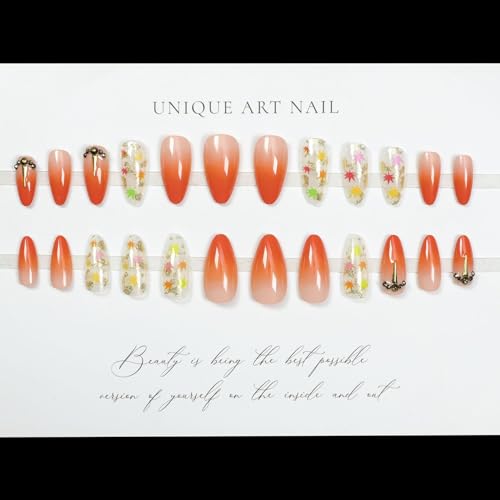 Fall Almond Press On Nails Medium Fake Nails Orange Gradient False Nails Press Ons With Gold Foil And Maple Leaves Design Stick On Nails Glossy Autumn Glue On Nail For Women Nail Supplies - color: design-5