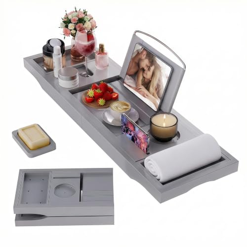 Foldable Bathtub Tray Caddy with Soap Dish Adjustable 29.5-43'' Grey - color: Gray