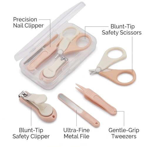 Baby Nail Clipper Kit 4-in-1 Safe Newborn and Infant Grooming Set with Nail Clippers, Safety Scissors, Glass File, Tweezers and Protective Case (Pink) - color: Pink