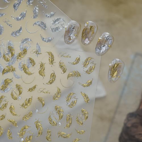 Gold Silver Nail Stickers Metal Feather Nail Decals for Acrylic Manicure - color: Color18