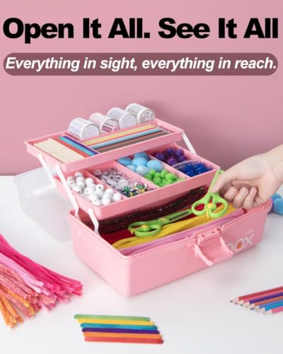 TERGOO 13in Lager Plastic Craft Organizer and Storage 3-Layer Tackle Box - color: Pink