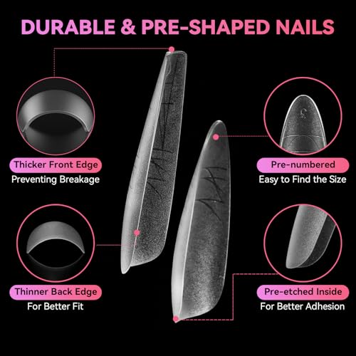 Makartt Long Almond & XL Tapered Square Nail Tips with Built-In Shaping Guides: 2 Shapes in 1 Box-15 Sizes, Pre-Etched Matte Inside False Nails for Nail Extension DIY, Salon Manicure Supplies 384pcs