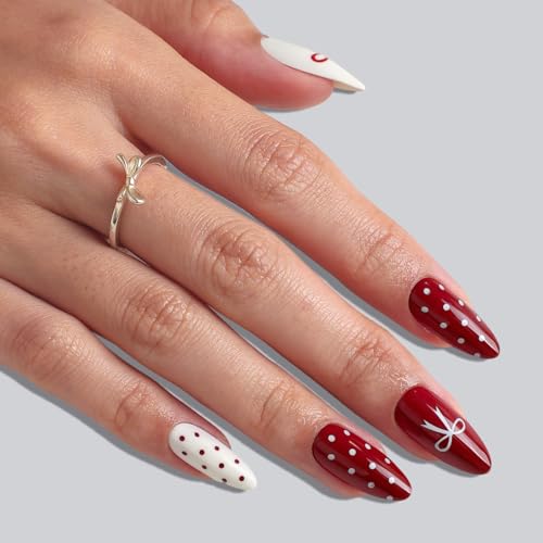SHANGMENG Red White Press on Nails, Almond Medium Polka Dot Bow Fake Nails - color: Red & White Gala