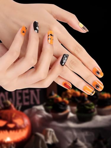 TOROKOM Halloween Cured Gel Nail Strips, Orange Pumpkin Gel Nail Polish Strips, Long Lasting Waterproof Full Nail Wraps, UV/LED Lamp Required - style: 03