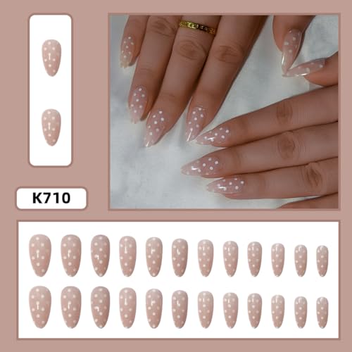 White Polka Dot Press on Nails Medium Almond Fake Nails Glossy Finish False Nails with Design Cute Artificial Stick on Nail Reusable Full Cover Glue on Nail for Women Girls Manicure 24Pcs - color: Style-15