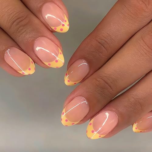 Yellow French Tip Press On Nails Short Almond Fake Nails Glossy False Nails - color: BD-Yellow-5
