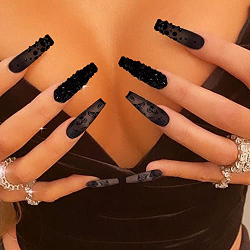 Press on Nails Long Coffin Fake Nails Black False Nail with 3D Rhinestone Butterfly Design Matte Full Cover Stick on Nail for Women - color: 04-Butterfly