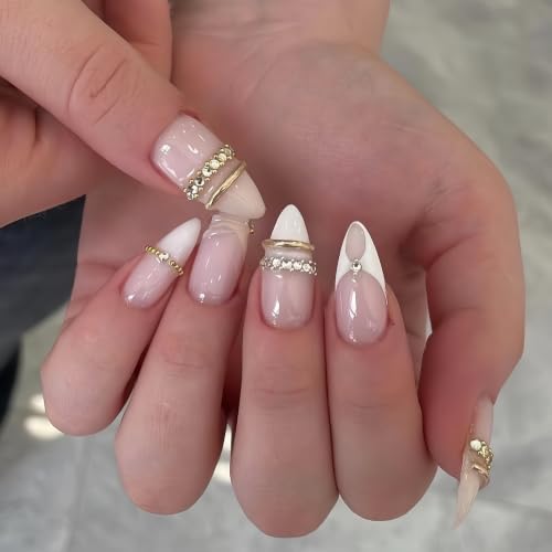 24Pcs Medium Almond Press on Nails White French Tip Nude Acrylic Fake Nails with 3D Gold Beads Rhinestone Chain Designs False Nails Luxury Elegant Full Cover Glossy Glue on Nail Manicure for Women - color: style09