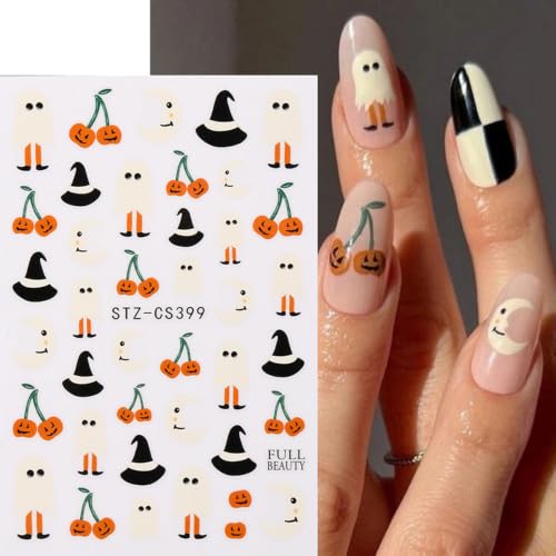 Halloween Ghost Flower Nail Art Stickers Pumpkin Cute Ghost Nail Art Decals 6 Sheets 3D Self-Adhesive Flowers Hat Nail Stickers for Women Halloween Nail Supplies Nail Decorations - color: Halloween Style5