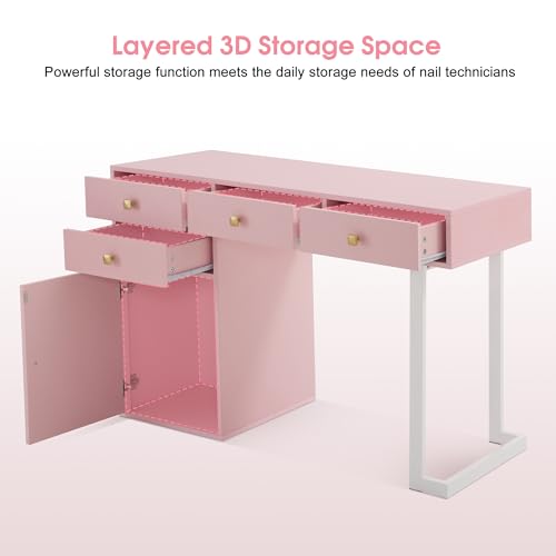 BarberPub Manicure Table with Storage Drawers, Nail Salon Desk for Nail Tech, Makeup Station with Round Handles, Beauty Equipment with Display Open Space 2990 (White&Pink) - color: White&pink