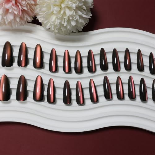 Red Brown Press on Nails Almond Medium Glossy Fake Nails for Women - color: 19- Red Brown