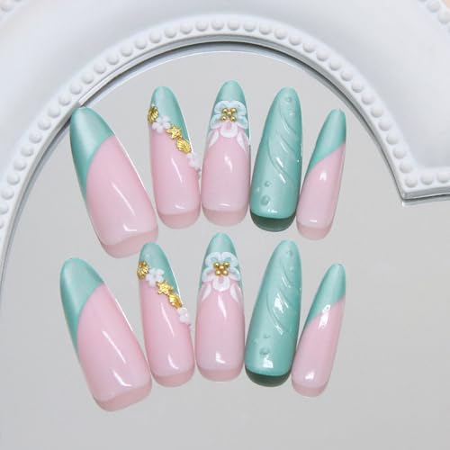 RUOKEXIN Long Stiletto Press on Nails French Tip Fake Nails Green Cat Eye False Nails with 3D Flower Shell Designs Almond Nail Press ons Sparkly Artificial Nails for Women 24Pcs - color: Almond Style 11-12