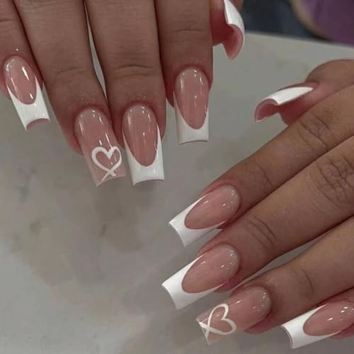 CTTHNBD White French Tip Press on Nails, Medium Square Fake Nails