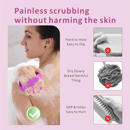 Silicone Body Scrubber Shower Brush,Super Exfoliating Body Brush with Non-Slip Strap-Effective Showering Exfoliation and Gentle Massage for Men Wome,Durable Use Brush,1 Counts (Purple) - color: Purple