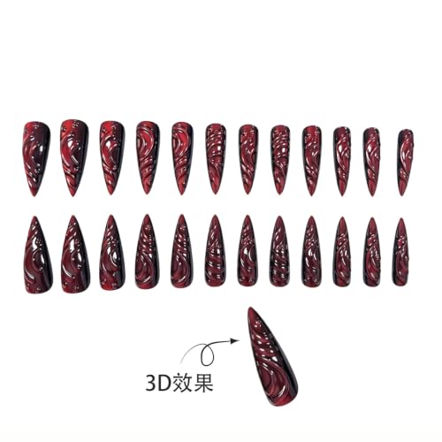 Halloween Long Stiletto Press on Nails Goth Red 3D Fake Nails 24Pcs - color: Color-2