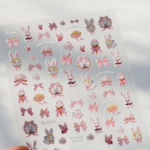 5D Embossed Pink Rabbit Flower Nail Stickers for Nail Art Bows Blossom Nail Design Spring Summer Floral Nail Decals Relief Petals - color: Rabbit Flowers
