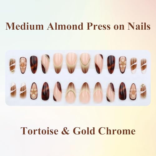 MISUD Press on Nails - Medium Almond Fake Nails with Fall Brown, Acrylic Tortoise Flower Design 24 pcs - color: 11218Brown