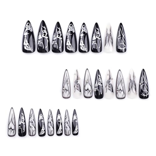 MISUD Press on Nails - Long Stiletto Glue on Nails with Goth Black, Acrylic Gothic Butterfly Design 24 pcs - color: 06103-01-01Black