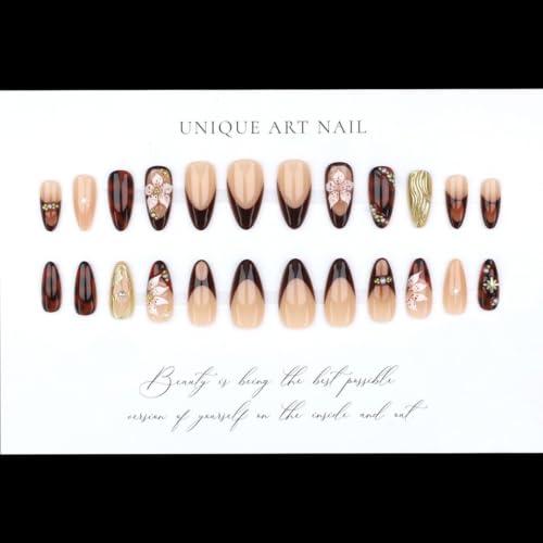 Fall Brown Press on Nails Medium Almond - Tortoiseshell & 3D Flowers - color: D-48