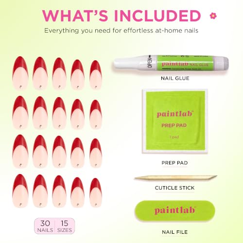 PaintLab 3D Gem Red French Tip Press On Nails, Medium Almond, 30pc Nail Kit - color: Pinot Noir