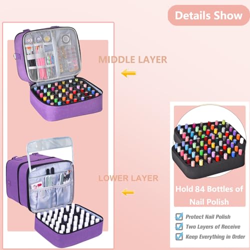 FCQQYWZ Large Nail Polish Organizer Case Hold 84+ Bottles Nail Polish & Nail Lamp, 3 Layers Nail Organizers and Storage for Nail Tech with Divider, Travel Carrying Case(Purple) - color: Purple-84Bottles