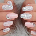 24Pcs Sequins Press on Nails Short Coffin Fake Nails with Rhinestones Glitter Gradient Full Cover Designs Nails Press ons Pink White Glue on Nails Reusable Stick on Nails for Women - color: pink white-2