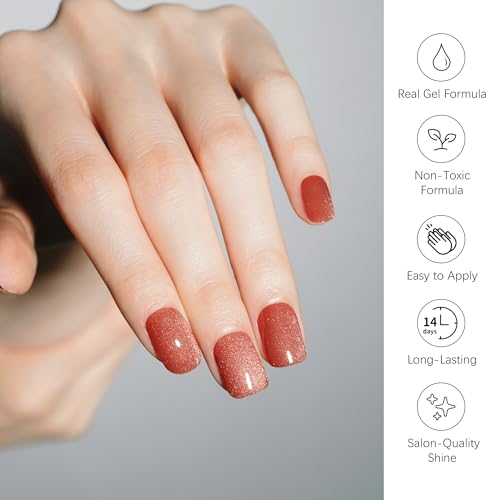 DANNI & TONI Semi Cured Gel Nail Strips Copper Brown Cat Eye Gel Nail Wraps Gift for Woman |Cocoa Glint - color: Cocoa Glint