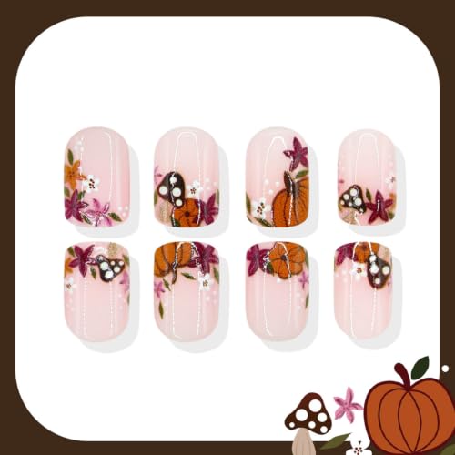 Fall Press on Nails Short Square Fake Nails with Pumpkin Floral Polka Dot Designs Autumn Nails Press ons Purple Brown Nude Glue on Nails Glossy False Nails Cute Stick on Nails for Women 24Pcs - color: 15