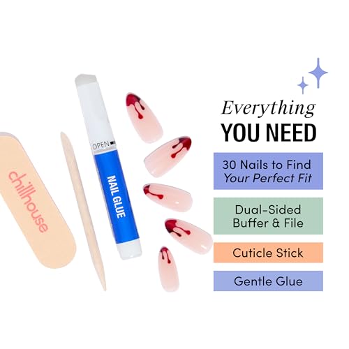 Chillhouse Chill Tips Signatures Press On Nails Kit, Bloodline Bling - 30 Nail Shapes & Sizes, Dual-Sided Buffer & File, Cuticle Stick & Glue - Long-Lasting Nail Art Manicures - color: Bloodline Bling